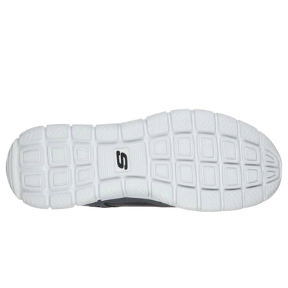 Skechers mens Track Knockhill shoes in Charcoal Black bottom view showing white outsole with Skechers S logo and tread pattern