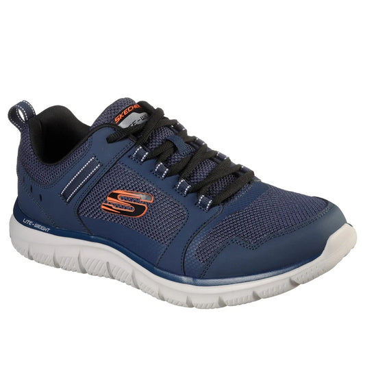 Front view of Skechers mens Track Knockhill shoes in Navy lightweight navy mesh lace up sneaker with cushioned white sole