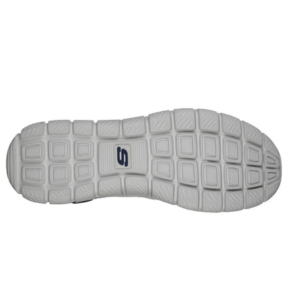 Skechers mens Track Knockhill shoes in Navy bottom sole view grey flexible outsole with square tread and S logo