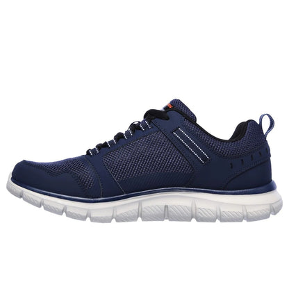 Skechers mens Track Knockhill shoes in Navy low profile mesh trainer shoe with cushioned white sole