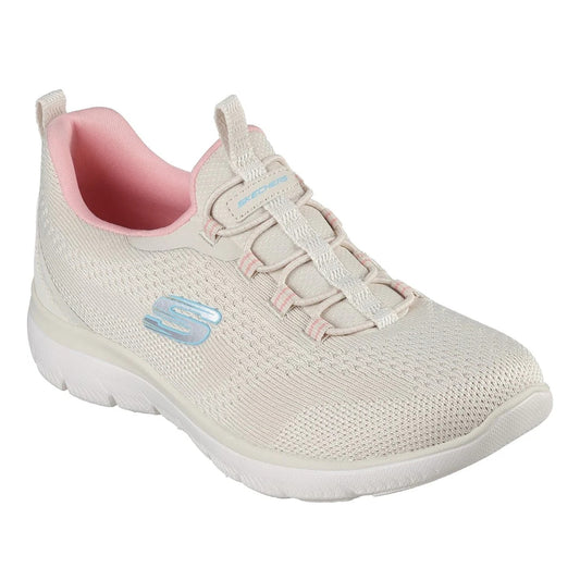 Front view of Skechers womens Summits New Nature shoes in Natural Beige. Lightweight beige knit slip on sneaker with coral lining 