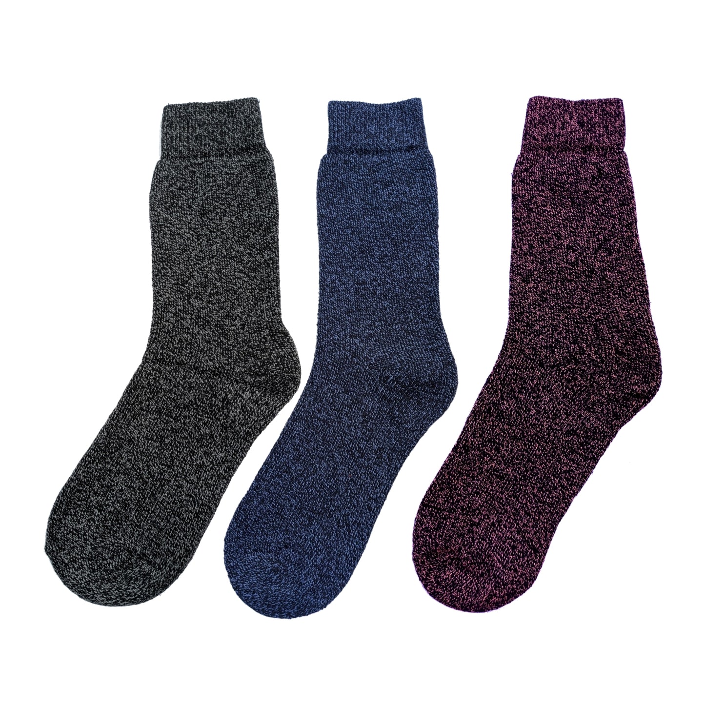 Three pairs of womens Storm Ridge boot socks in grey, blue, and pink on a white background
