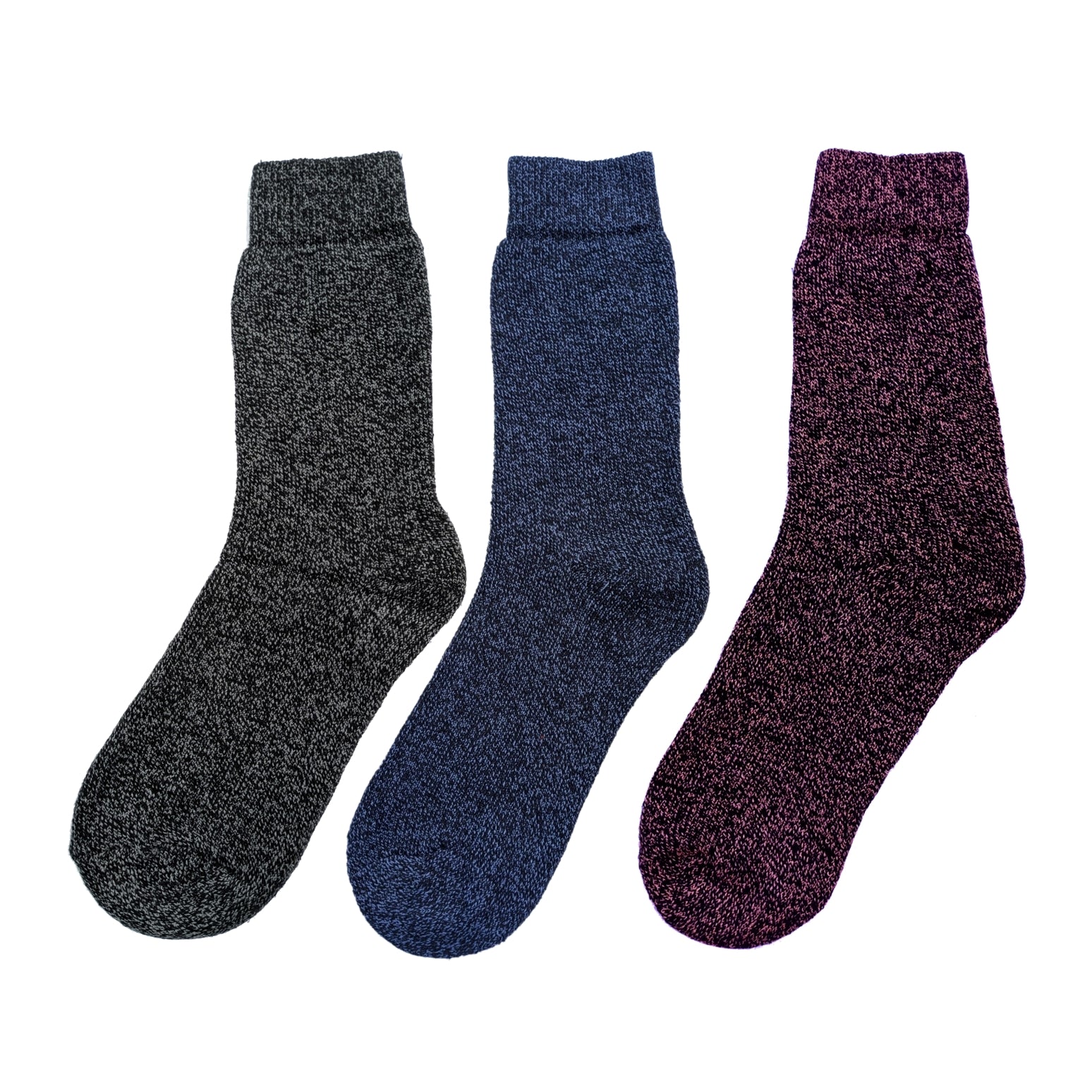Three pairs of womens Storm Ridge boot socks in grey, blue, and pink on a white background