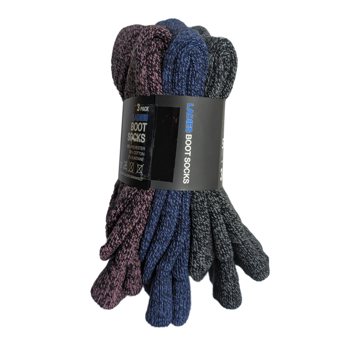 Three pairs of womens Storm Ridge boot socks in purple, blue, and grey on a white background.
