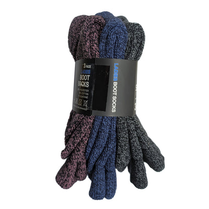 Three pairs of womens Storm Ridge boot socks in purple, blue, and grey on a white background.