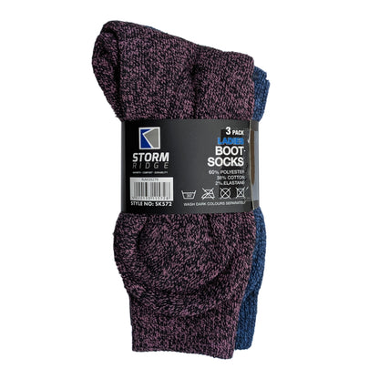 Pack of three pairs of pink, blue, grey womens boot socks with Storm Ridge branding.