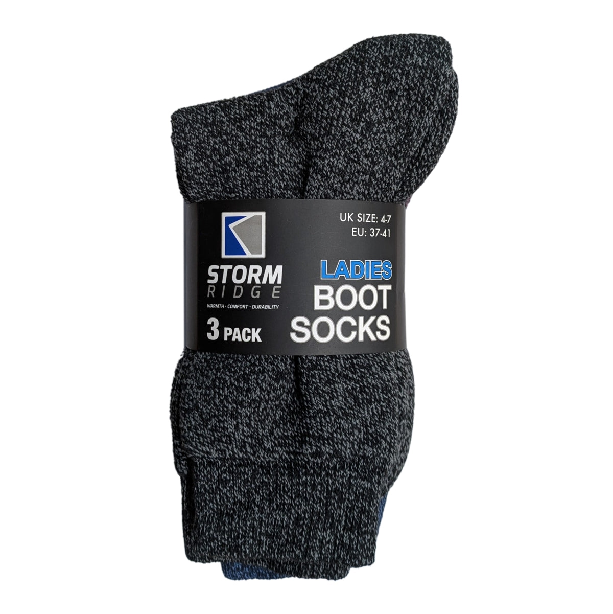 Pack of three pairs of womens boot socks with Storm Ridge branding on a white background