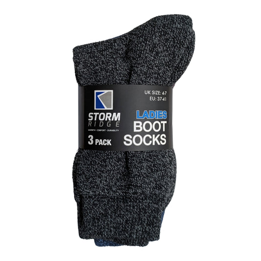 Pack of three pairs of womens boot socks with Storm Ridge branding on a white background