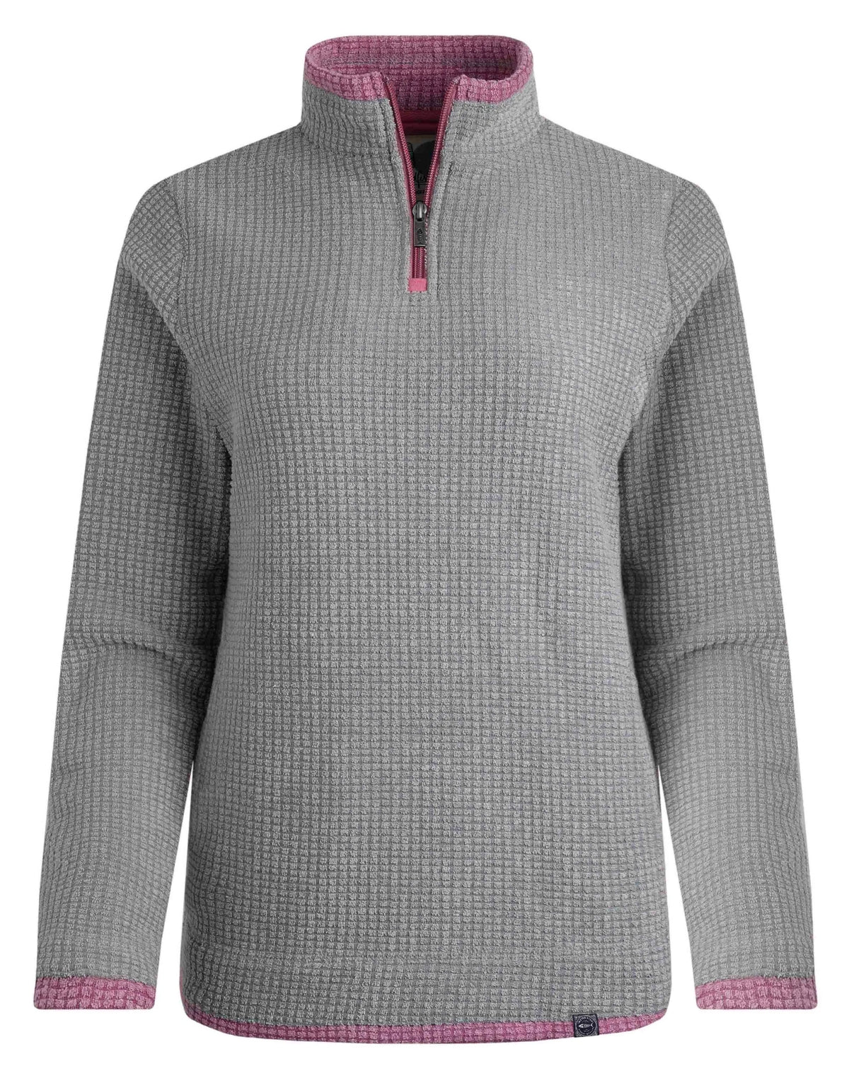 Front view of a womens Weird Fish Beye 1/4 zip grid fleece in Frost Grey with pink trim.