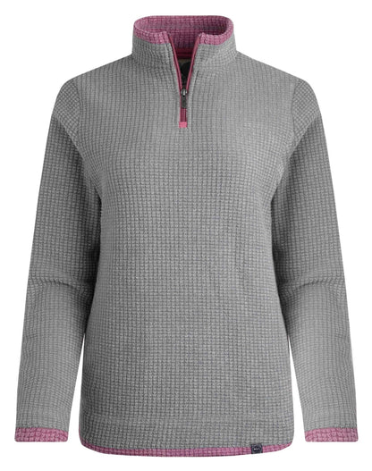 Front view of a womens Weird Fish Beye 1/4 zip grid fleece in Frost Grey with pink trim.