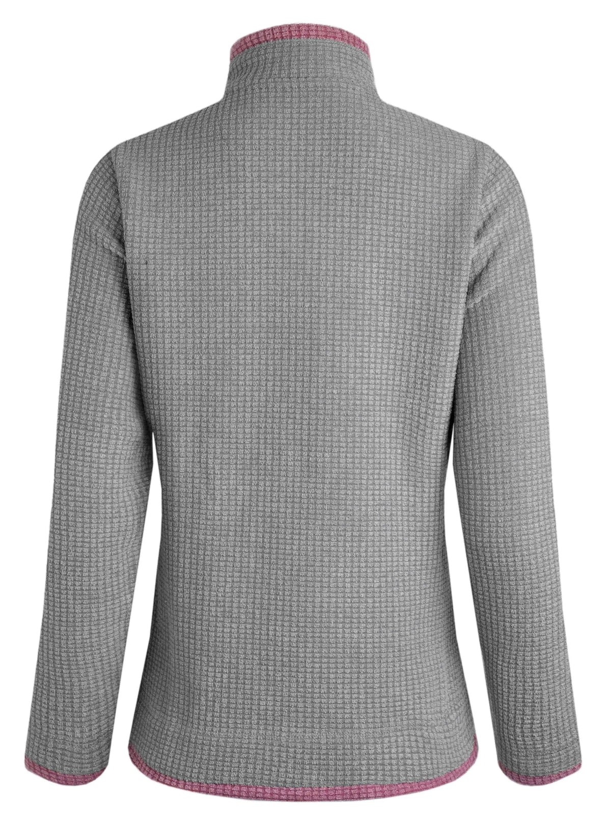 Back view of a womens Weird Fish Beye grid fleece in Frost Grey with pink trim.