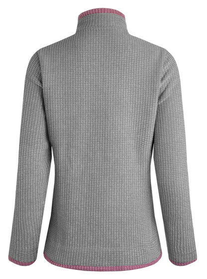 Back view of a womens Weird Fish Beye grid fleece in Frost Grey with pink trim.
