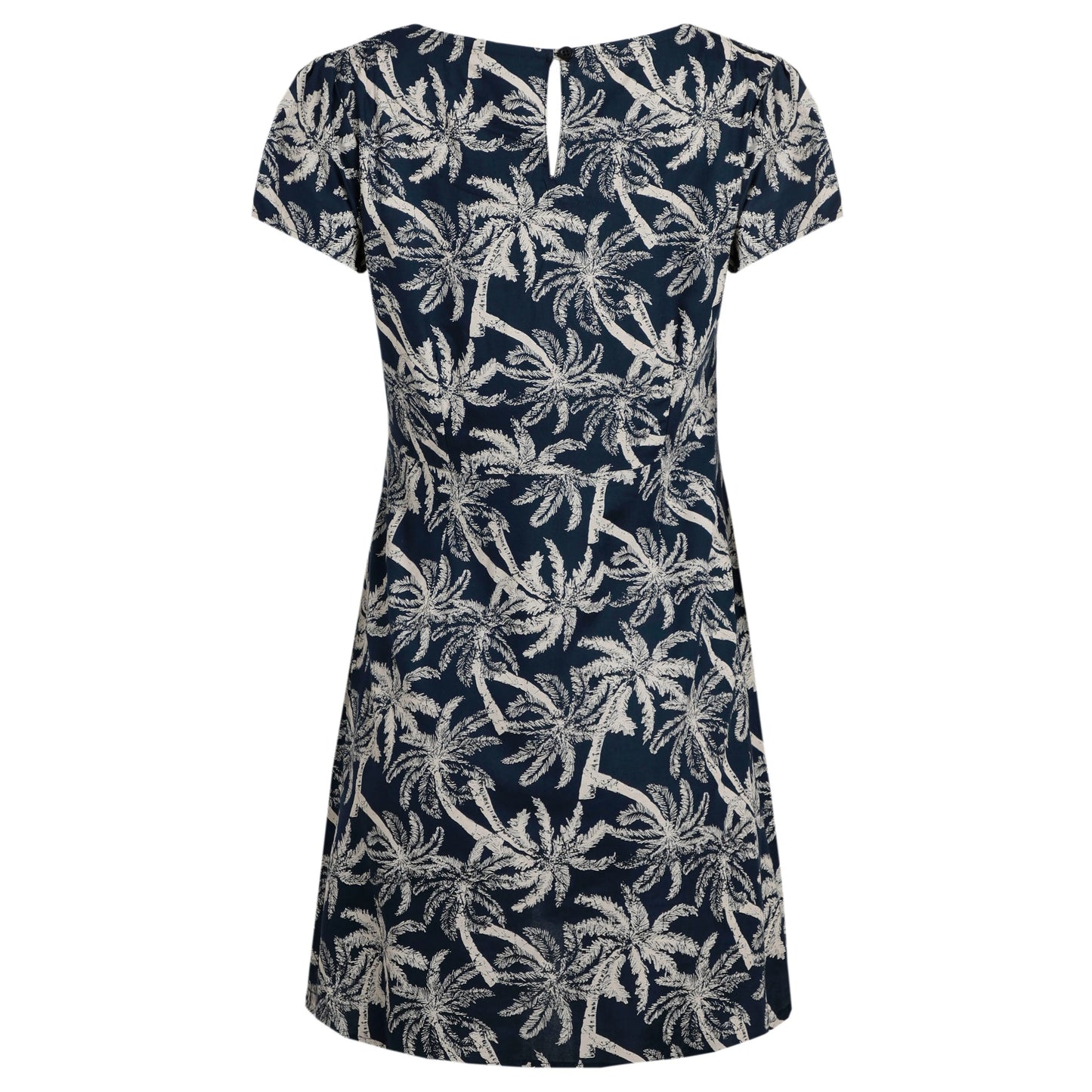 Back view of a womens Weird Fish short sleeve Breeza tunic in Midnight Navy with a beige palm tree pattern.
