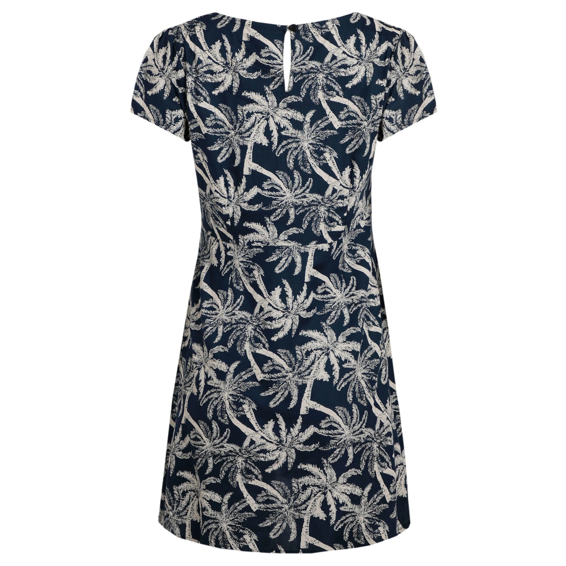 Back view of a womens Weird Fish short sleeve Breeza tunic in Midnight Navy with a beige palm tree pattern.