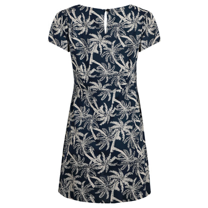Back view of a womens Weird Fish short sleeve Breeza tunic in Midnight Navy with a beige palm tree pattern.