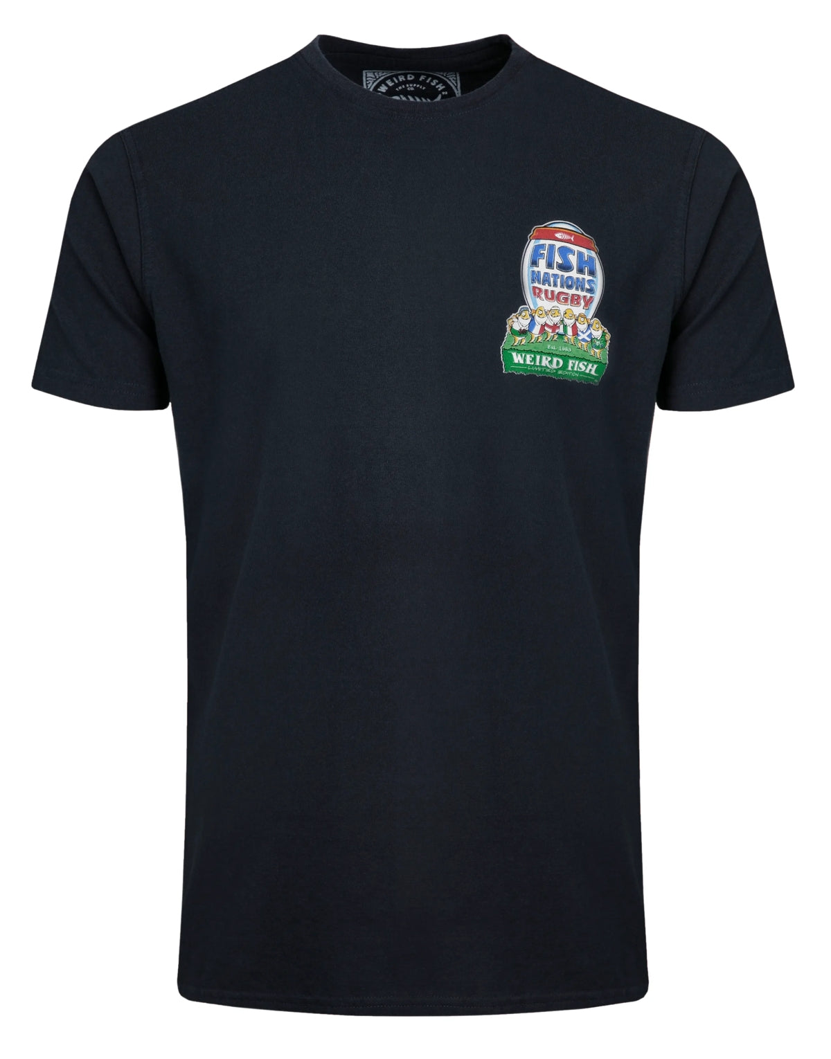 A Weird Fish mens navy short sleeve t-shirt featuring a rugby Fish Nations themed print on the front, on a white background