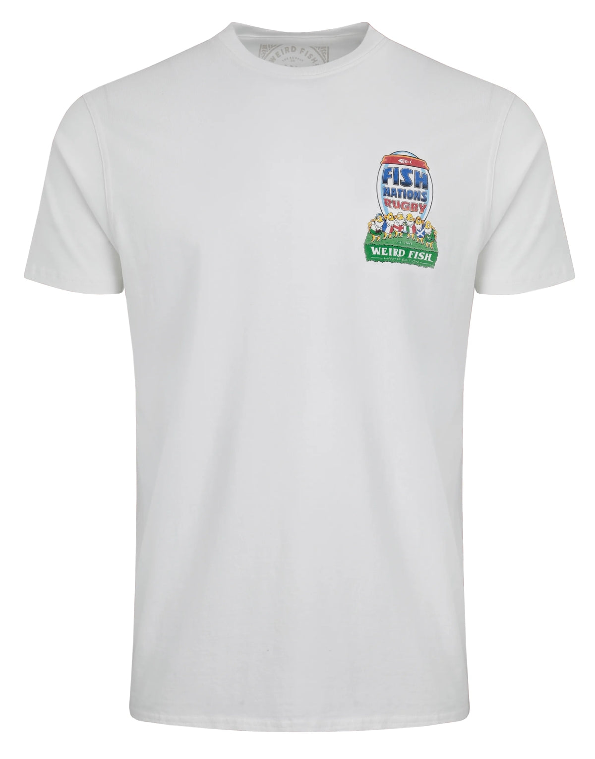 Front view of a mens Weird Fish short sleeve white t-shirt with a small rugby themed print, on a white background