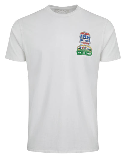 Front view of a mens Weird Fish short sleeve white t-shirt with a small rugby themed print, on a white background