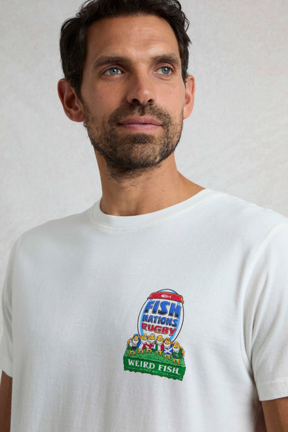 Man wearing a white Weird Fish t-shirt with a rugby themed 'Fish Nations Rugby' print on the chest.