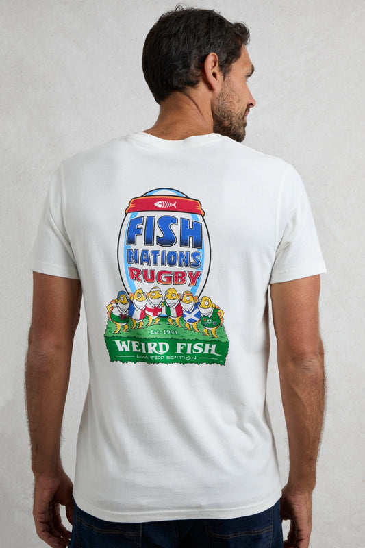 Man wearing a Weird Fish short sleeve white t-shirt featuring a large rugby themed Fish Nations print on the back on a white background