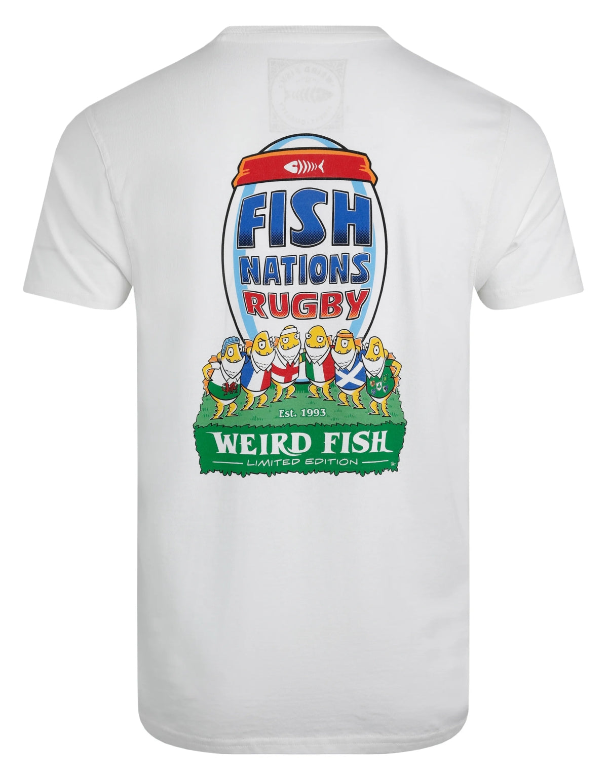 A Weird Fish mens short sleeve white t-shirt featuring a large print of a 'Fish Nations Rugby' graphic on the back, on a white background