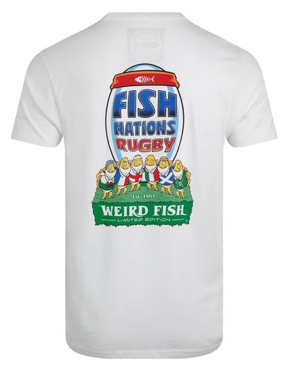 A Weird Fish mens short sleeve white t-shirt featuring a large print of a 'Fish Nations Rugby' graphic on the back, on a white background