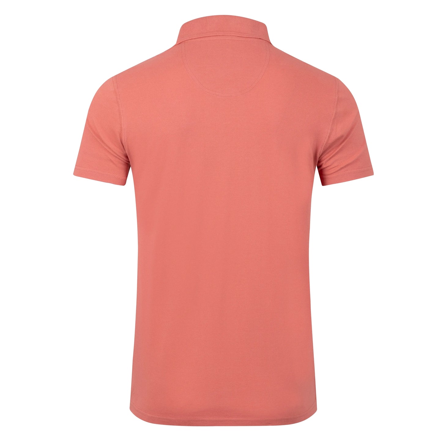 Back view of a men's Weird Fish short sleeve Miles polo shirt in Nantucket coral.