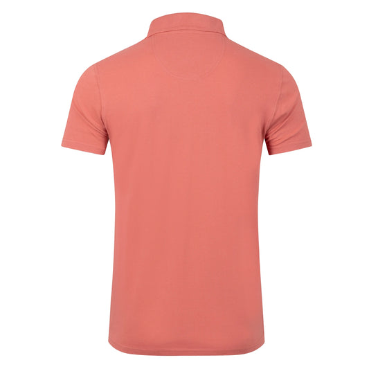 Back view of a men's Weird Fish short sleeve Miles polo shirt in Nantucket coral.