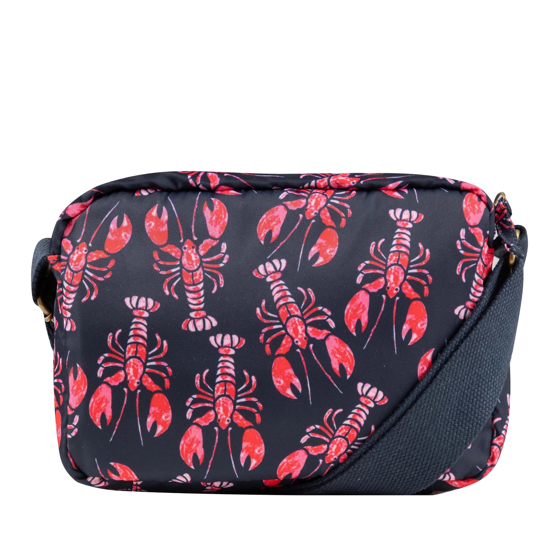 Back view of a Weird Fish Corrie small cross body bag, in Mid Navy with a red lobster pattern and adjustable shoulder strap.