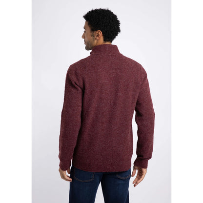 Back view of a man wearing a Weird Fish 1/4 zip Altwood knitted jumper in Garnet Red.