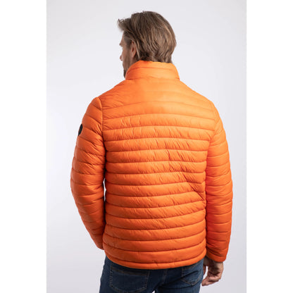 Back view of a man wearing a Weird Fish Crantock padded lightweight showerproof jacket in bright Koi Orange.