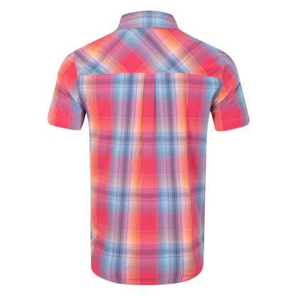 Back view of a mens Weird Fish short sleeve Judd shirt in a bright Flamingo Pink, blue and orange check pattern.