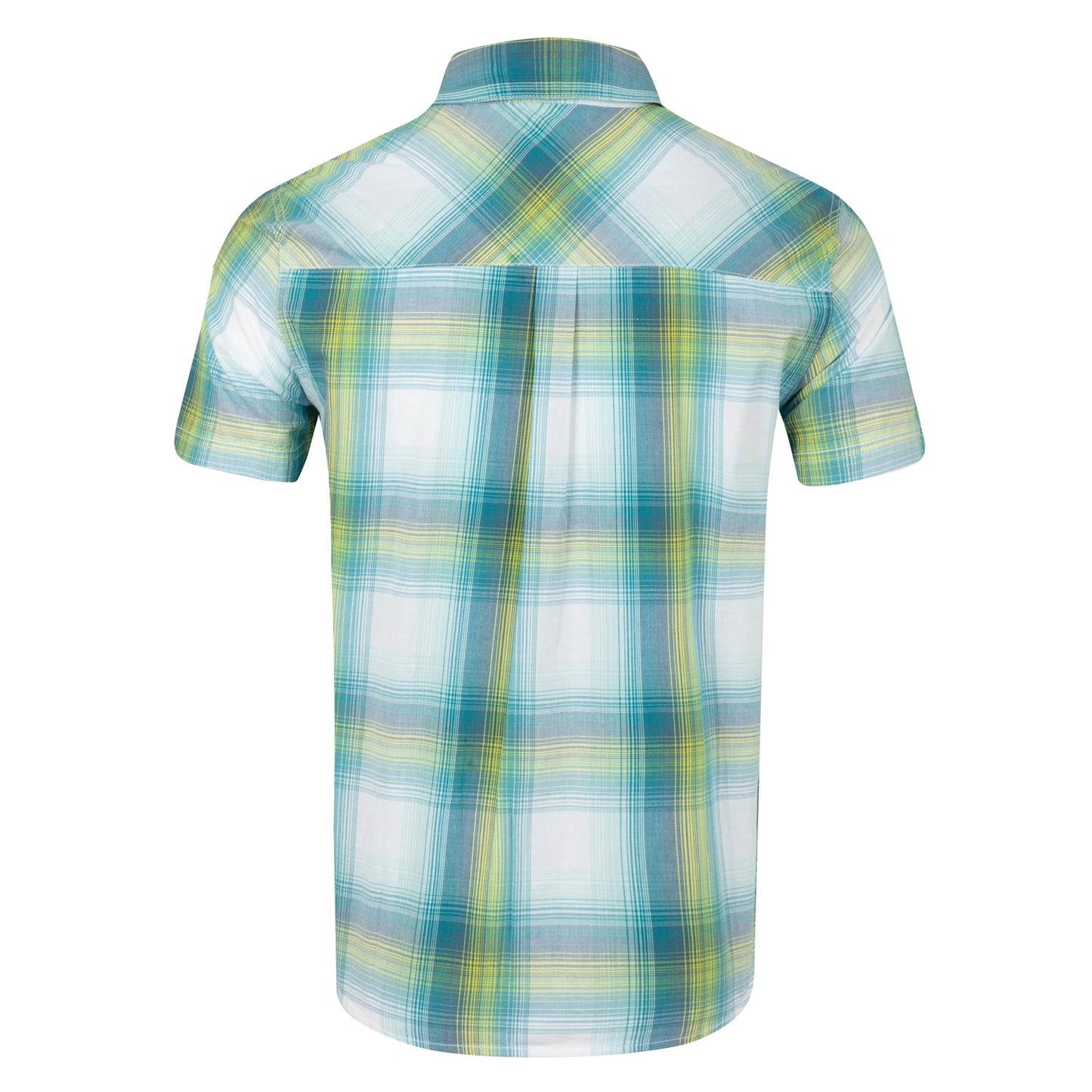 Back view of a mens Weird Fish short sleeve Judd shirt in an off white, blue and lime green check pattern.