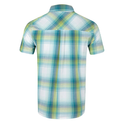 Back view of a mens Weird Fish short sleeve Judd shirt in an off white, blue and lime green check pattern.