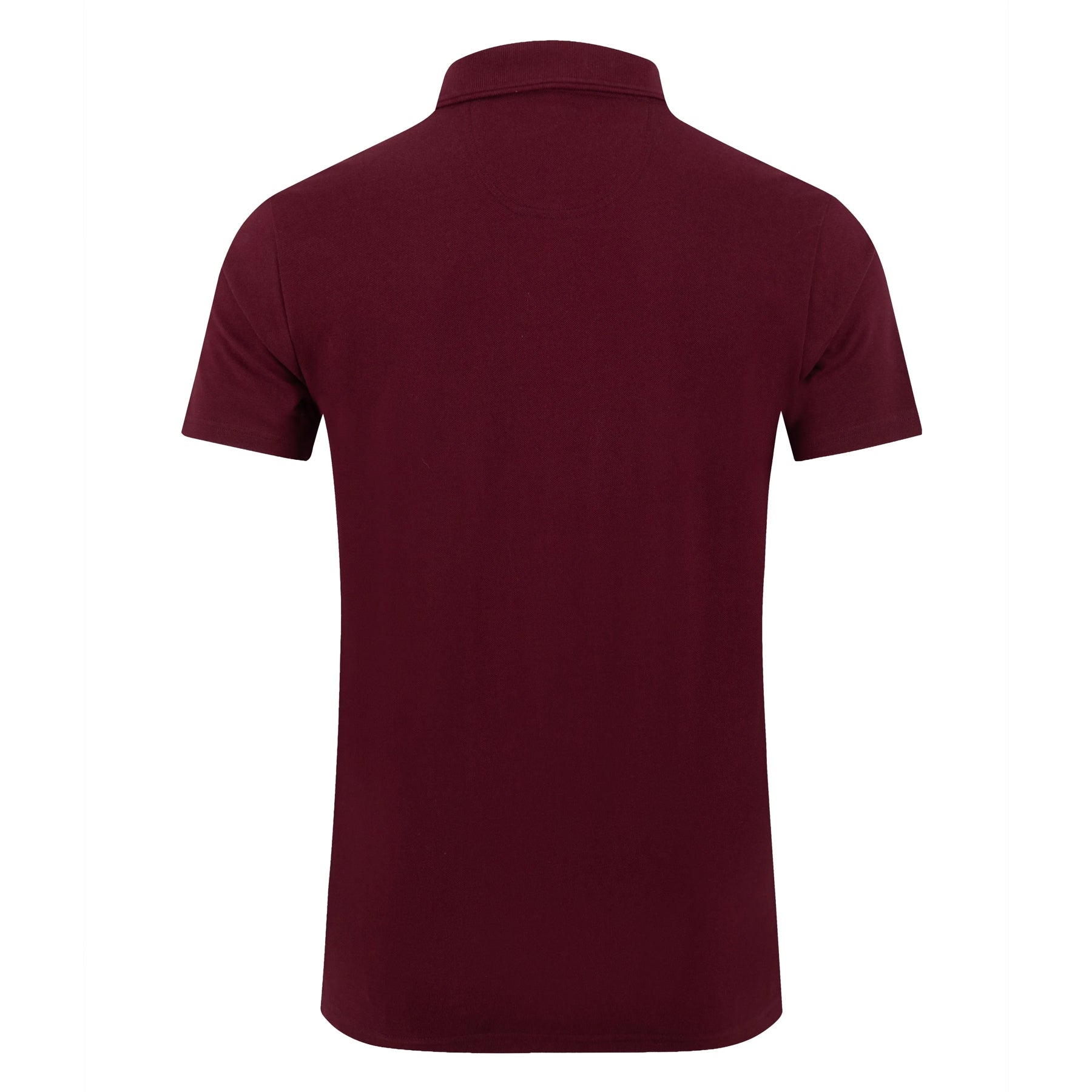 Back view of a mens Weird Fish short sleeve pique polo shirt in maroon red on white background