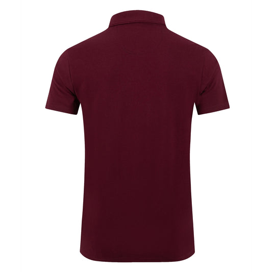 Back view of a mens Weird Fish short sleeve pique polo shirt in maroon red on white background