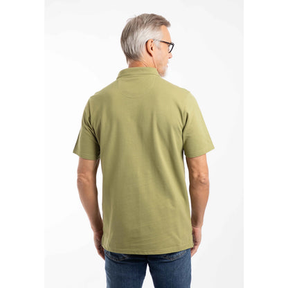 Back view of a man wearing a Weird Fish short sleeve Miles polo shirt in Washed Oak Green.