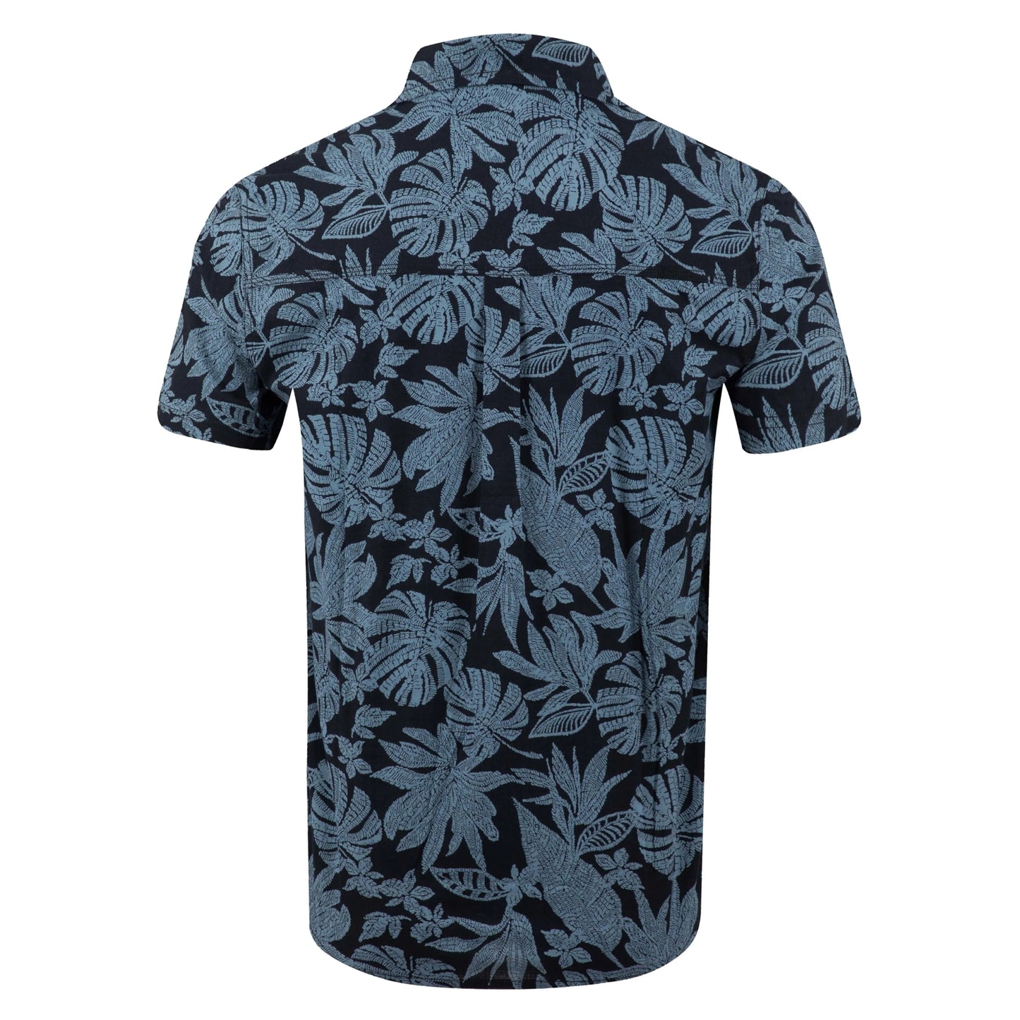 Back view of a men's Weird Fish short sleeve Faraway shirt in Blue Mirage with a tropical leaf pattern