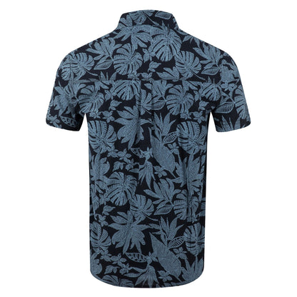 Back view of a men's Weird Fish short sleeve Faraway shirt in Blue Mirage with a tropical leaf pattern