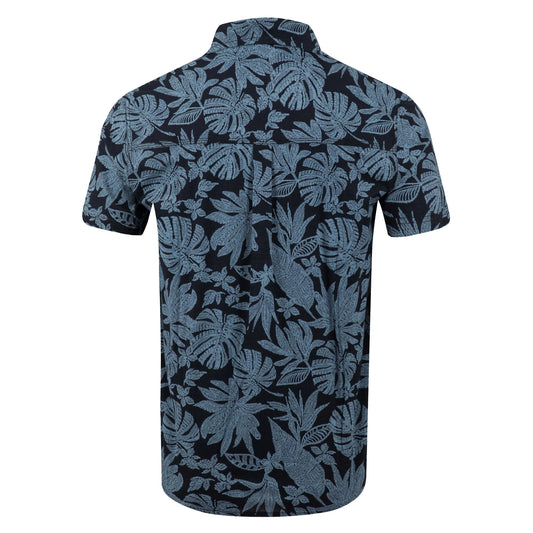 Back view of a men's Weird Fish short sleeve Faraway shirt in Blue Mirage with a tropical leaf pattern
