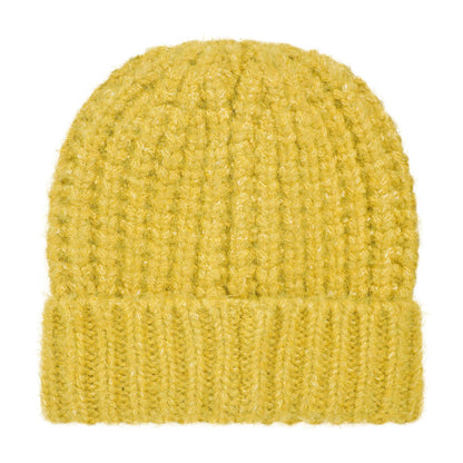 Back view of a Weird Fish Clare beanie in Antique Moss Yellow knitted beanie on a white background