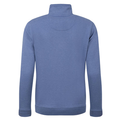 Back view of a women's Weird Fish Avery 1/4 zip plain sweatshirt in Faded Blue with a small logo on the chest