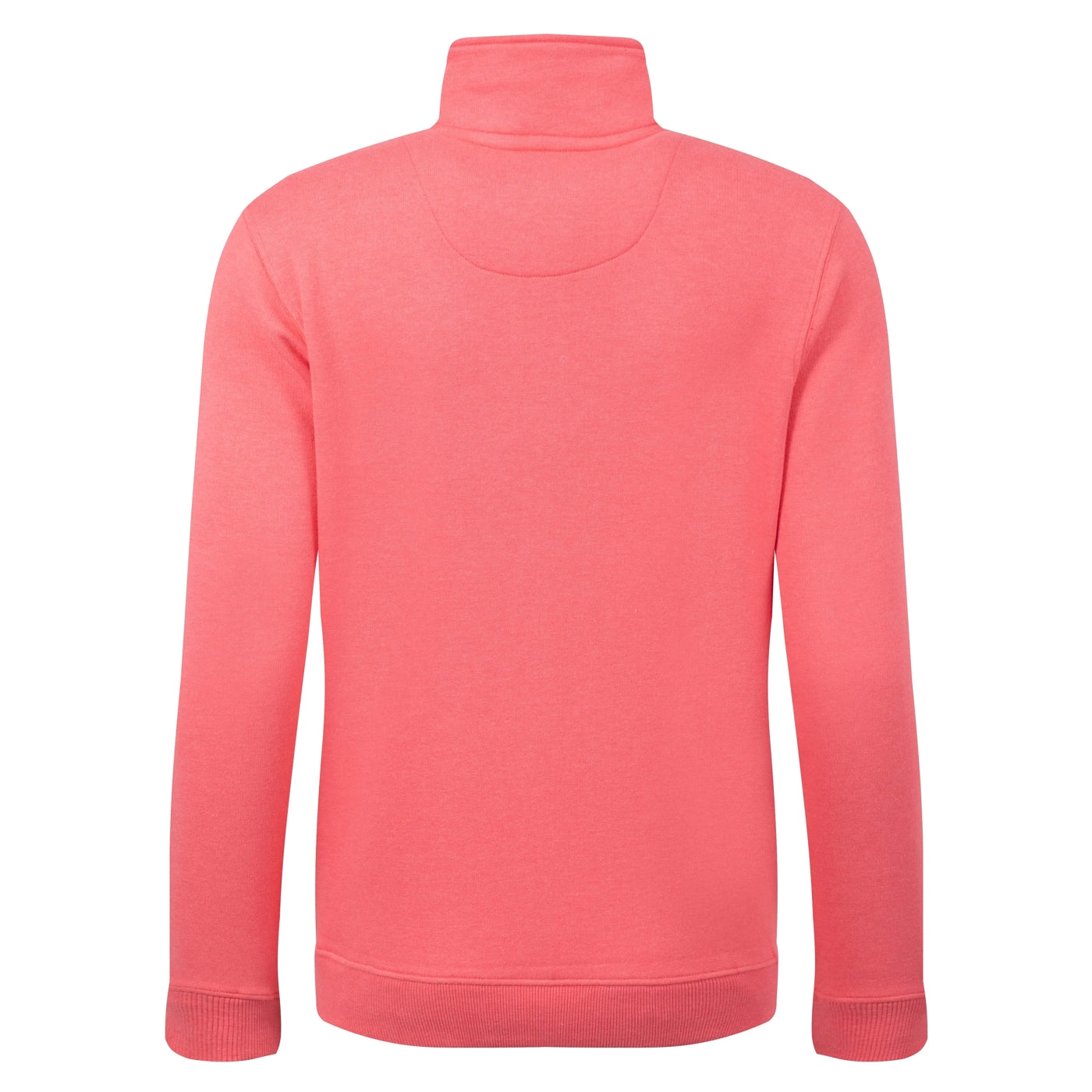 Back view of a women's Weird Fish Avery 1/4 zip plain sweatshirt in Flamingo Pink with a small logo on the chest