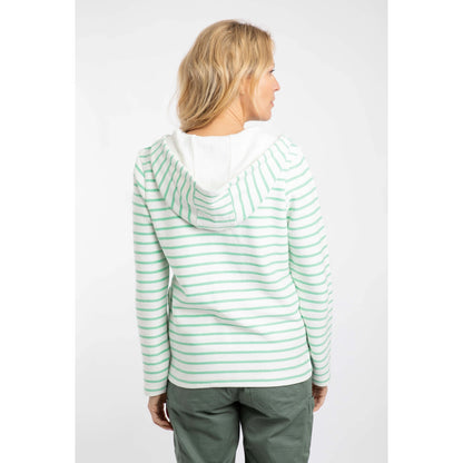 Back view of a woman wearing a Weird Fish Catalina full zip loopback hoodie in  an Apple Mint green and white stripe pattern