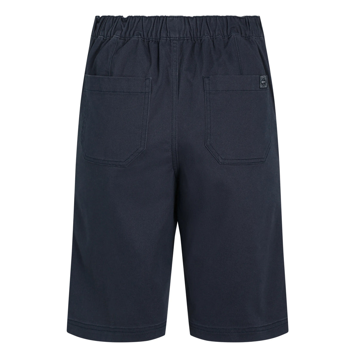 Back view of a pair of womens Weird Fish flat front Kinnie shorts in navy with elastic waist and hip pockets.