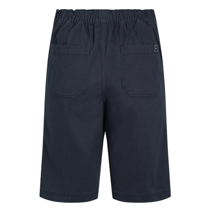 Back view of a pair of womens Weird Fish flat front Kinnie shorts in navy with elastic waist and hip pockets.