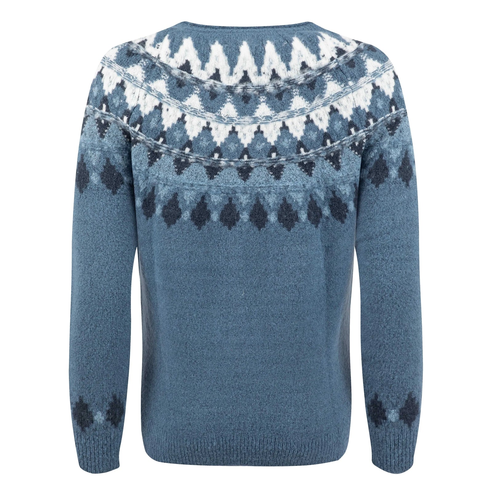Back view of a women's Weird Fish knitted Lowell jumper in Ash Blue, with a Fair Isle pattern across the chest and shoulders.