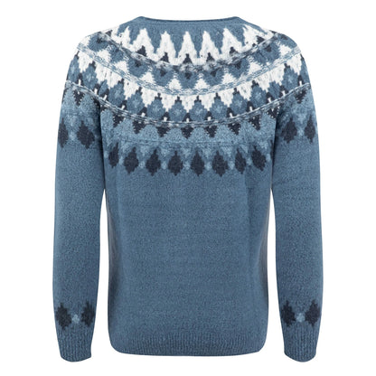Back view of a women's Weird Fish knitted Lowell jumper in Ash Blue, with a Fair Isle pattern across the chest and shoulders.