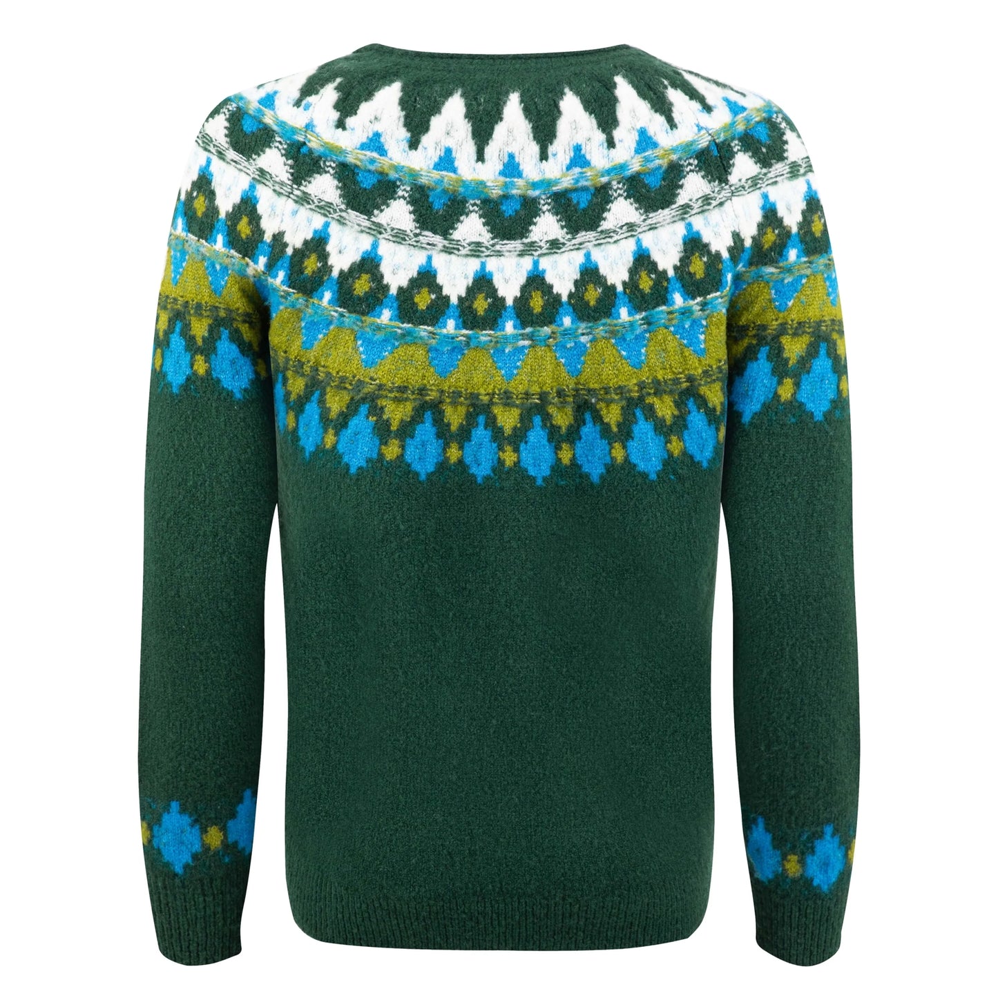 Back view of a women's Weird Fish knitted Lowell jumper in Bottle Green, with a Fair Isle pattern across the chest and shoulders.
