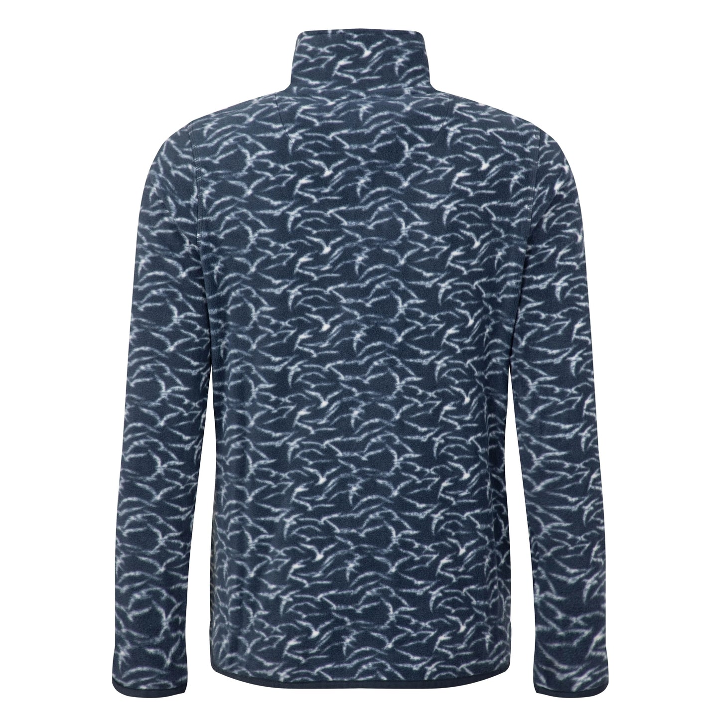 Back view of a Weird Fish womens full zip Rochelle microfleece in Night Blue with a gull bird print.